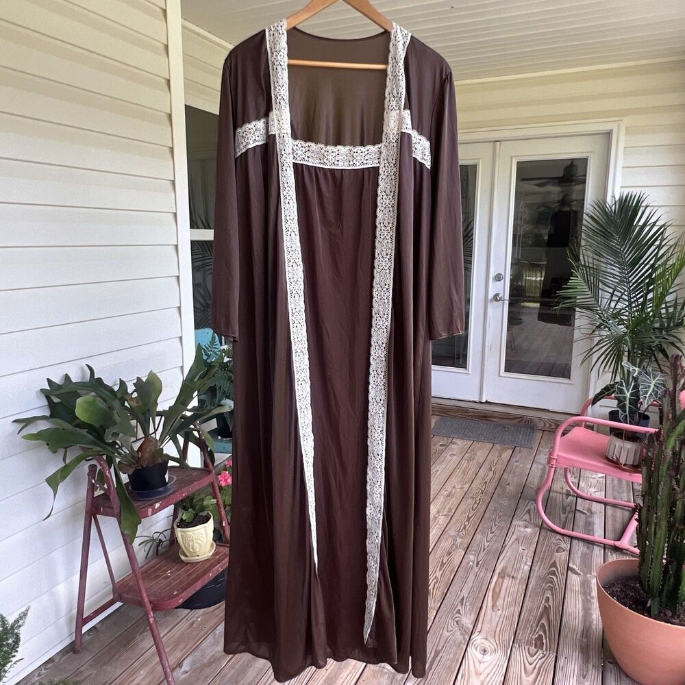 Vintage 70s Boho Brown /Cream Lace Long Nightgown And Robe Set Nylon L 18/20